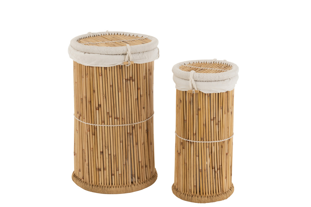J-Line Set of 2 Baskets Cylinder Bamboo Natural/Whitee  Set Of 2 Baskets Cylinder Bamboo Natural/White