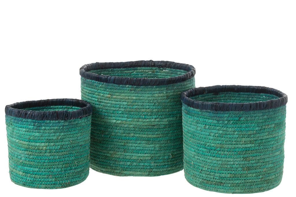 J-Line Set of 3 Baskets Corn Husk Azure/Dark Blue
