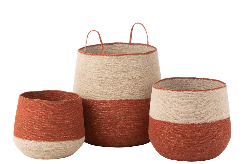 J-Line Set van 3 Manden van Zeegras in Natuurlijke/Terracotta Kleur