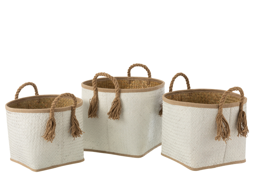 J-Line Set Of 3 Baskets Palm Leaf Natural/White