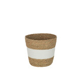 J-Line Basket Round With Stripe + Handle Reed Natural/White