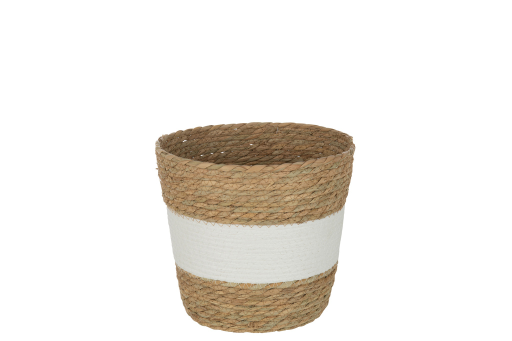 J-Line Basket Round With Stripe + Handle Reed Natural/White