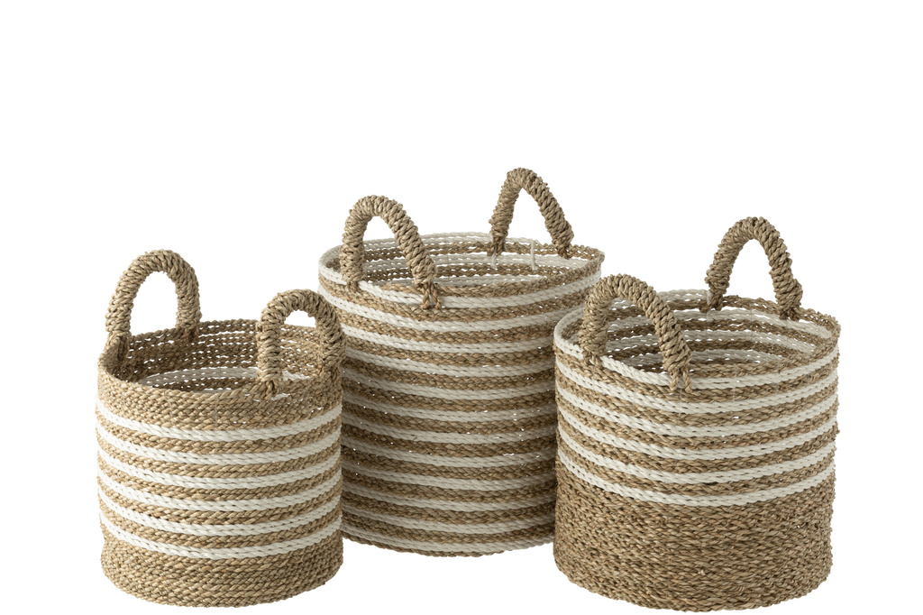 J-LINE SET VAN 3 MANDEN STREPEN RAFFIA WIT/NATUUR