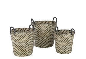 J-LINE SET VAN 3 MANDEN ROND MET HANDVATTEN STRO NATUUR/ZWART