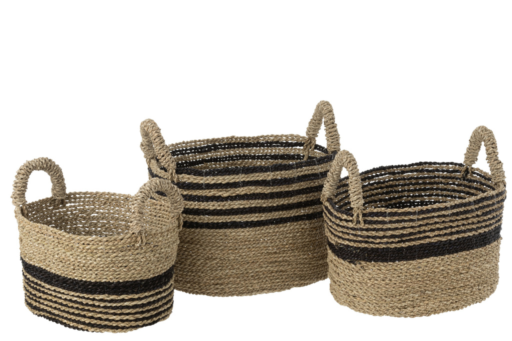 J-Line Set van 3 Manden Aline Raffia Zwart/Naturel