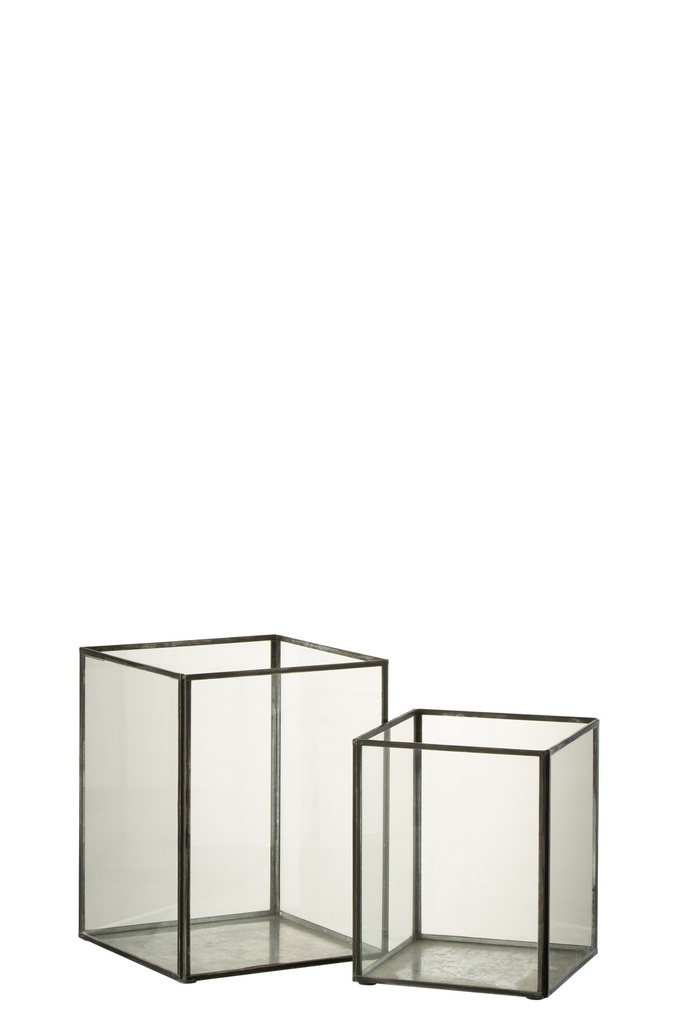 J-LINE SET VAN 2 KANDELAARS VIERKANT GLAS/METAAL ZWART