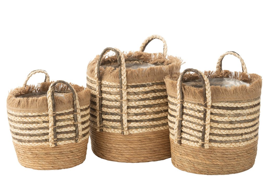 J-LINE SET VAN 3 BLOEMPOTTEN UBEDA RIET/PLASTIC NATURAL/BRUIN