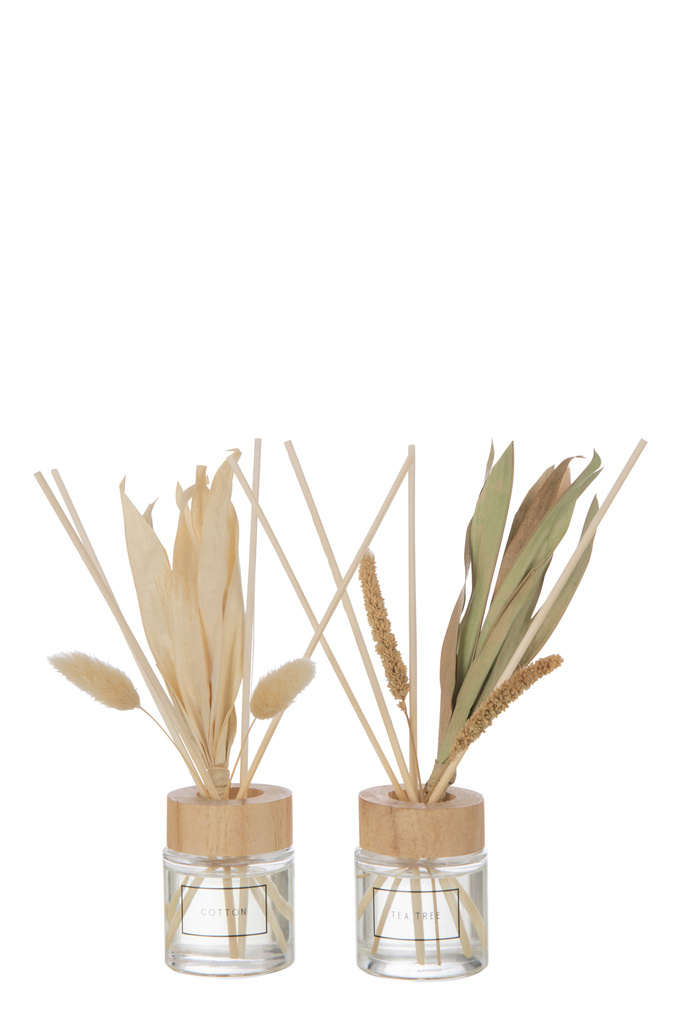 J-Line Scented Oil + Flowers Glass Green/Natural  2  stuks