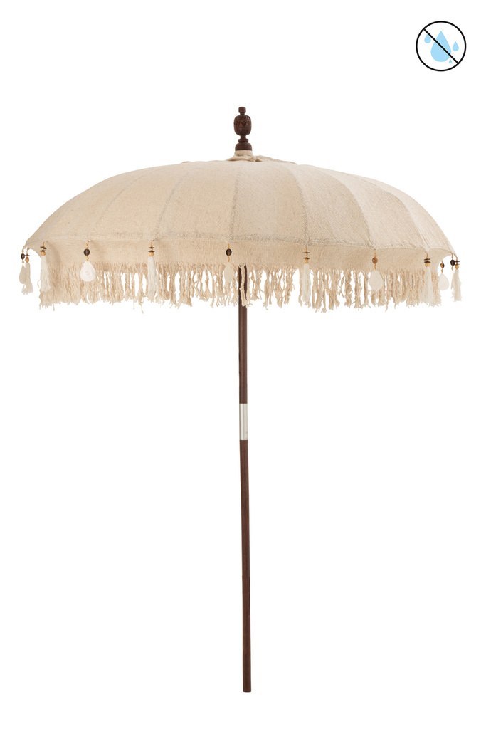 J-LINE PARASOL MET KWASTJES EN SCHELPEN – BEIGE/HOUT DONKERBRUIN LARGE