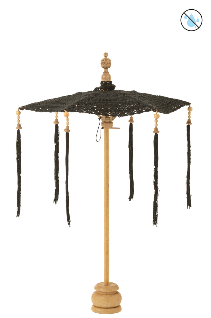 J-LINE PARASOL MET KWASTJES + VOET KATOEN/HOUT ZWART KLEIN – STIJLVOL & SFEERVOL DESIGN
