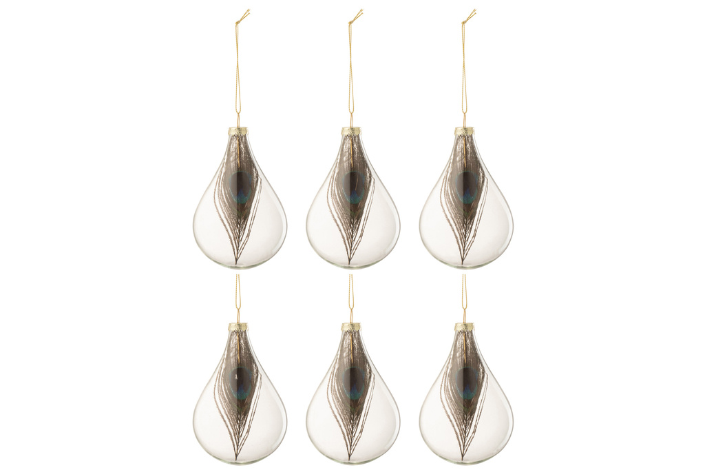 J-LINE DOOS VAN 6 KERSTBALLEN DRUPPEL PAUWENVEER GLAS TRANSPARANT KLEIN