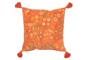 J-LINE KUSSEN VIERKANT BLOEMEN + KWASTJES FLUWEEL ORANJE