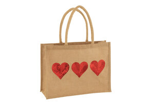 J-LINE TAS 3 HARTJES – SEQUIN JUTE NATUUR/ROOD