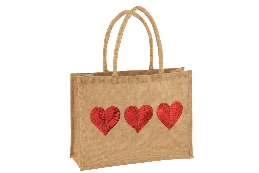 J-LINE TAS 3 HARTJES – SEQUIN JUTE NATUUR/ROOD