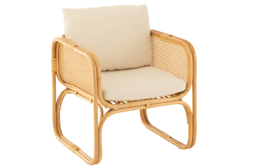 J-LINE ARM CHAIR + KUSSEN – RATTAN/TEXTIEL – NATURAL/WHITE – 67 CM