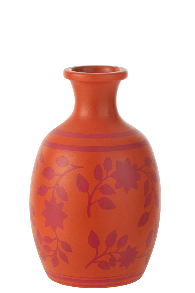 J-LINE VASE LEAVES/FLOWERS+LINES TERRACOTTA ORANGE/PINK