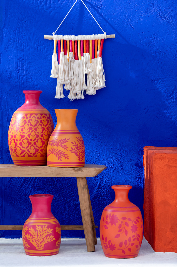 J-LINE VASE LEAVES/FLOWERS+LINES TERRACOTTA ORANGE/PINK