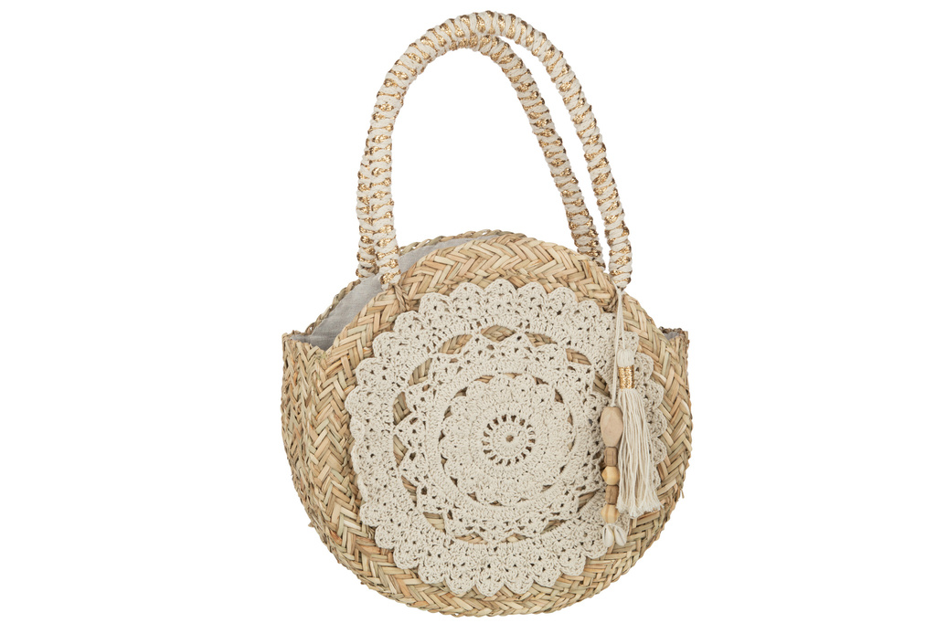 J-LINE STRANDTAS ROND MET KWASTJES & HOUTEN KRALEN – ZEAGRAS/KANT – NATURAL/WHITE