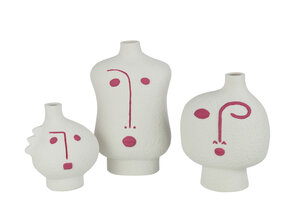 J-LINE SET VAN 3 VAZEN GEZICHT ABSTRACT PORSELEIN FUCHSIA/WIT