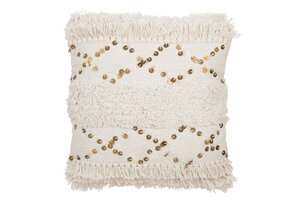 J-LINE KUSSEN TUFTED MET FRANJES & PAILLETTEN – KATOEN – WIT/GOUD – 45 CM