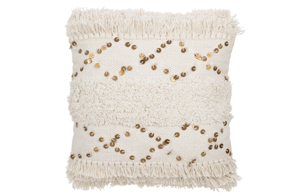 J-LINE KUSSEN TUFTED MET FRANJES & PAILLETTEN – KATOEN – WIT/GOUD – 45 CM