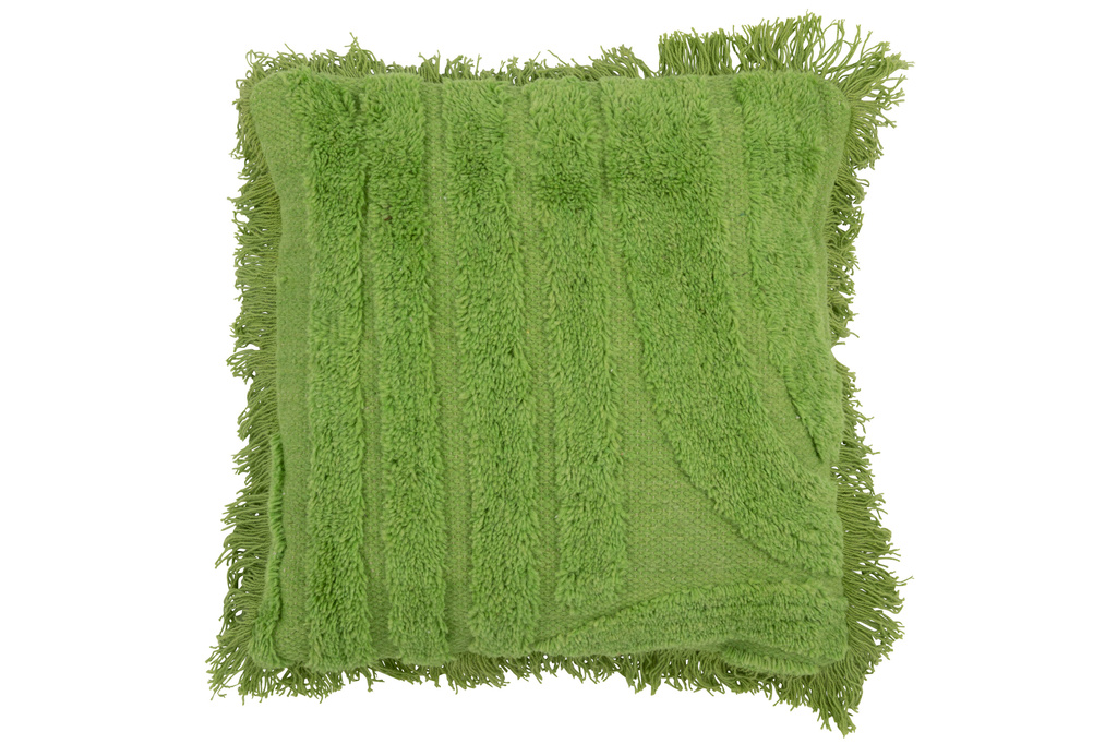 J-LINE KUSSEN TUFTED CURVES + FRANJES – WOL/KATOEN – GROEN – 45 CM