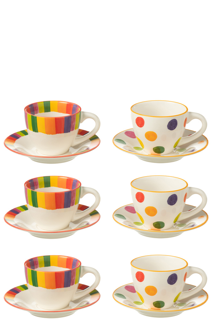 J-LINE BOX OF 3 CUP+SAUCER POLKA DOT STRIPE PORCELAIN MIX ASSORTMENT OF 2