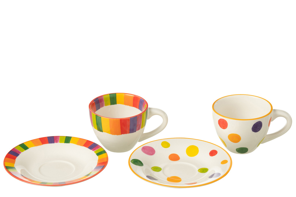J-LINE BOX OF 3 CUP+SAUCER POLKA DOT STRIPE PORCELAIN MIX ASSORTMENT OF 2