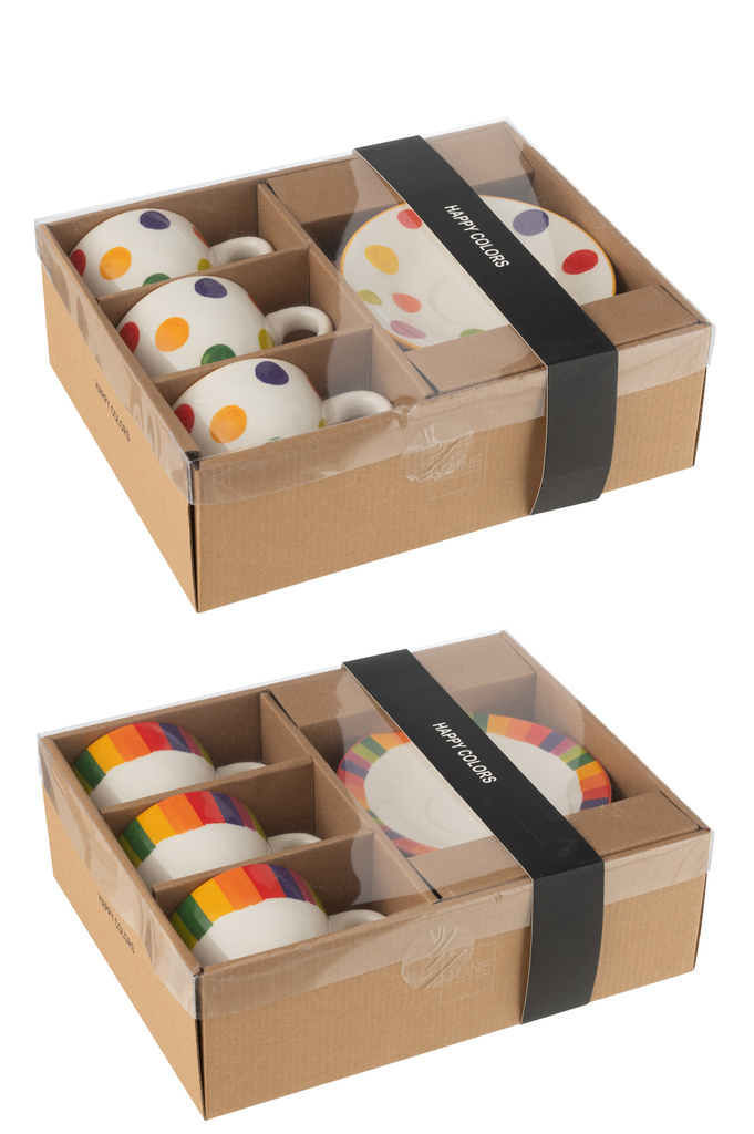 J-LINE BOX OF 3 CUP+SAUCER POLKA DOT STRIPE PORCELAIN MIX ASSORTMENT OF 2