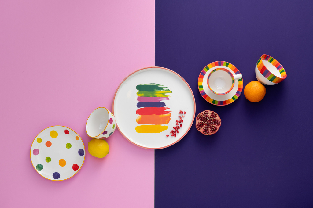 J-LINE BOX OF 3 CUP+SAUCER POLKA DOT STRIPE PORCELAIN MIX ASSORTMENT OF 2