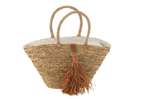 J-LINE STRANDTAS MET KWASTJES – ZEEGRAS/RAFFIA NATUUR/BRUIN