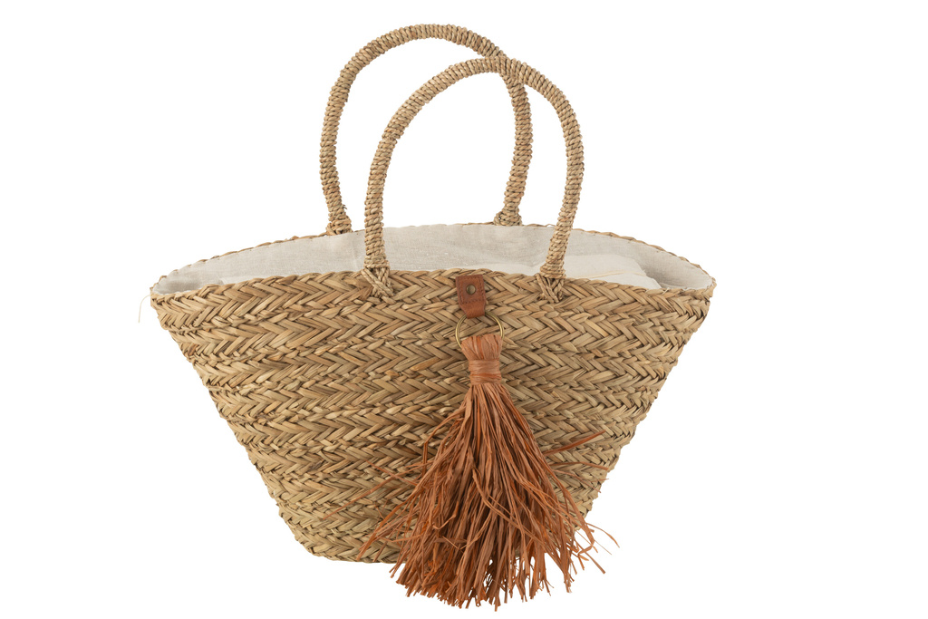 J-LINE STRANDTAS MET KWASTJES – ZEEGRAS/RAFFIA NATUUR/BRUIN
