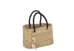 J-LINE STRANDTAS MET SCHELPJES EN ZWARTE HANDVATTEN – JUTE NATUUR/ZWART LARGE