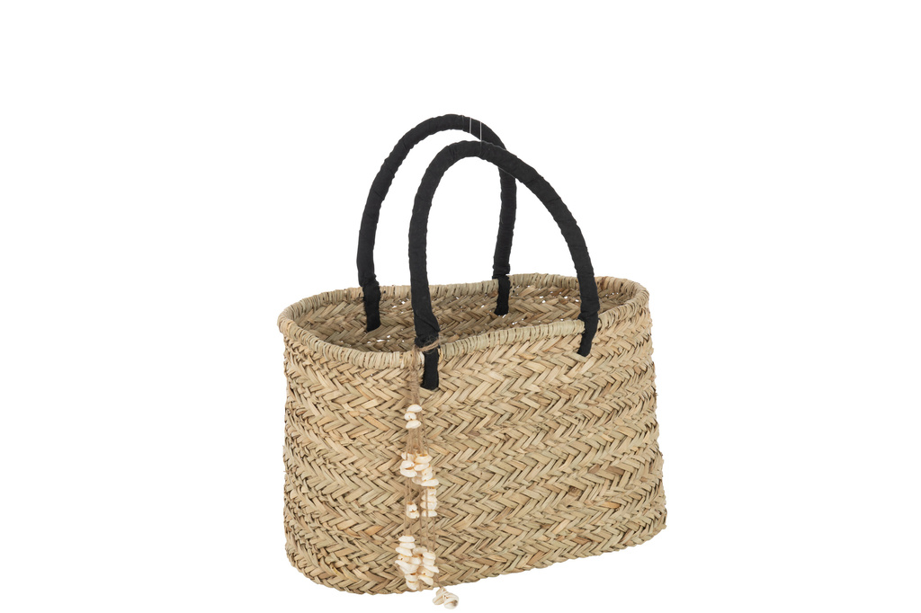 J-LINE STRANDTAS MET SCHELPJES EN ZWARTE HANDVATTEN – JUTE NATUUR/ZWART LARGE