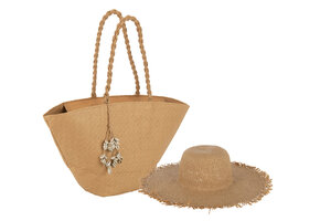 J-LINE SET VAN 2 – STRANDTAS MET SCHELPJES + HOED – PAPIER LICHTBRUIN