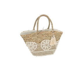J-LINE STRANDTAS KANT BLOEM + KWASTJE – JUTE NATUUR/WIT