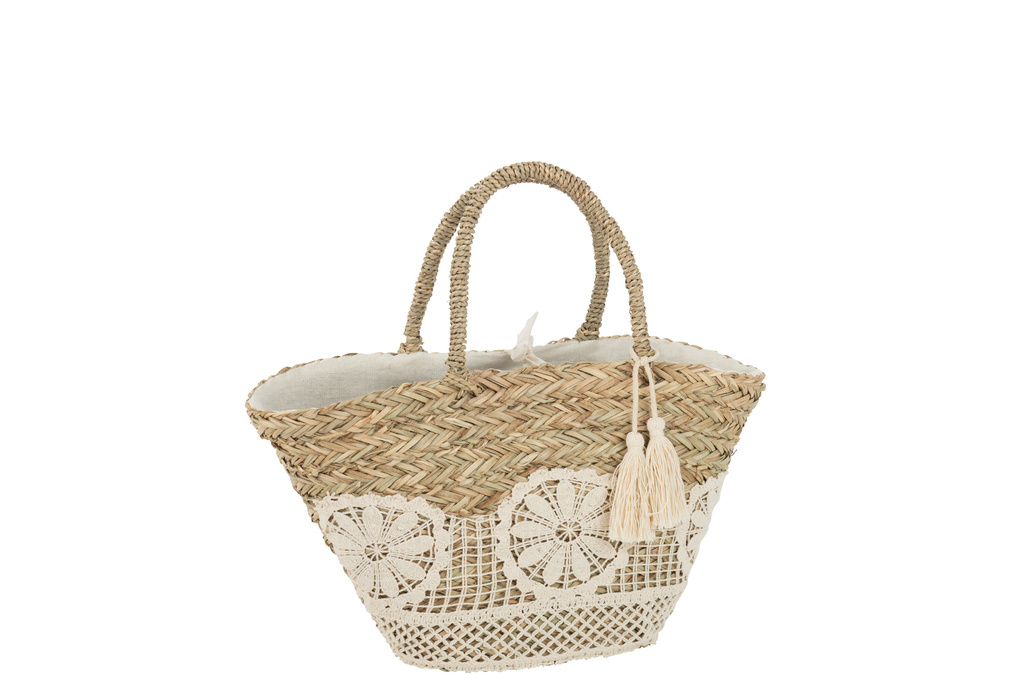 J-LINE STRANDTAS KANT BLOEM + KWASTJE – JUTE NATUUR/WIT