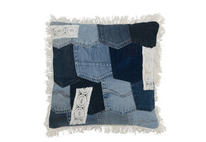J-LINE KUSSEN PATCHWORK – DENIM/KATOEN – BLAUW/WIT – 45 CM