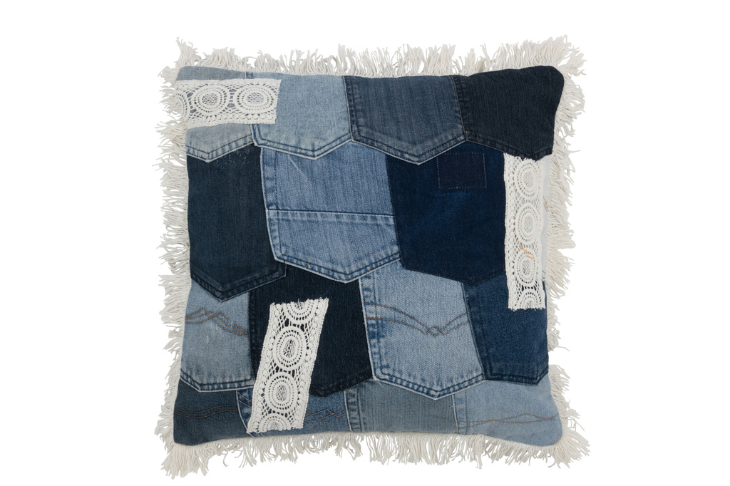 J-LINE KUSSEN PATCHWORK – DENIM/KATOEN – BLAUW/WIT – 45 CM