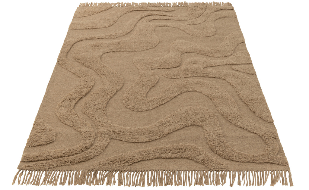 J-LINE RUG TUFTED CURVES/FRINGES WOOL BEIGE