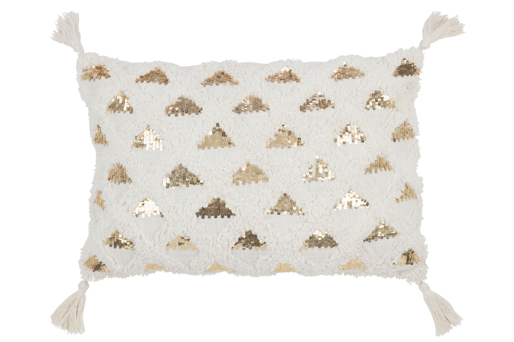 J-LINE KUSSEN TUFTED MET KWASTJES & PAILLETTEN – KATOEN – WIT/GOUD – 60×40 CM