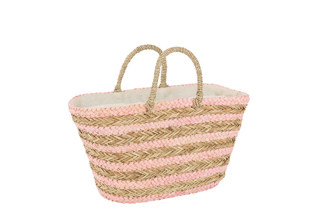 J-LINE STRANDTAS KORTE HANDVATTEN – HORIZONTALE STREPEN JUTE NATURAL/LIGHT PINK