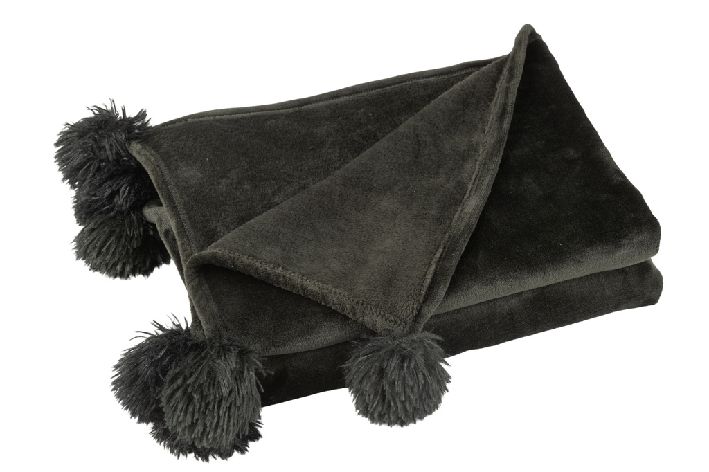 J-LINE PLAID MET POMPONS POLYESTER ZWART