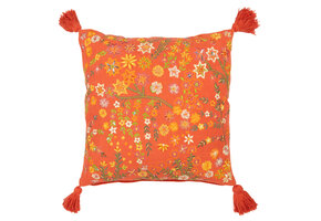 J-LINE KUSSEN SQUARE FLOWERS+TASSELS – KATOEN ORANJE/ROEST