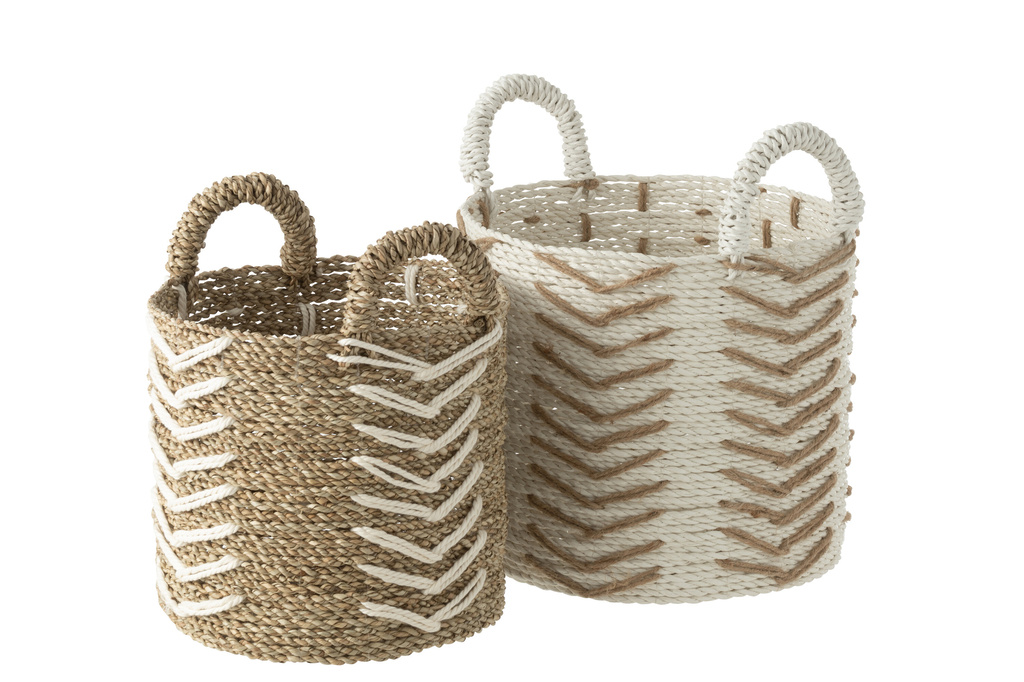 J-LINE SET VAN 2 MANDEN CHEVRON RAFFIA WIT/NATUREL