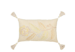 J-LINE KUSSEN RECHTHOEK BLOEMEN + KWASTJES – KATOEN – LICHTGEEL