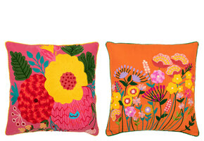 J-LINE KUSSEN BLOEMEN BORDUURSEL KATOEN/POLYESTER ORANJE/ROZE – SET VAN 2 STUKS