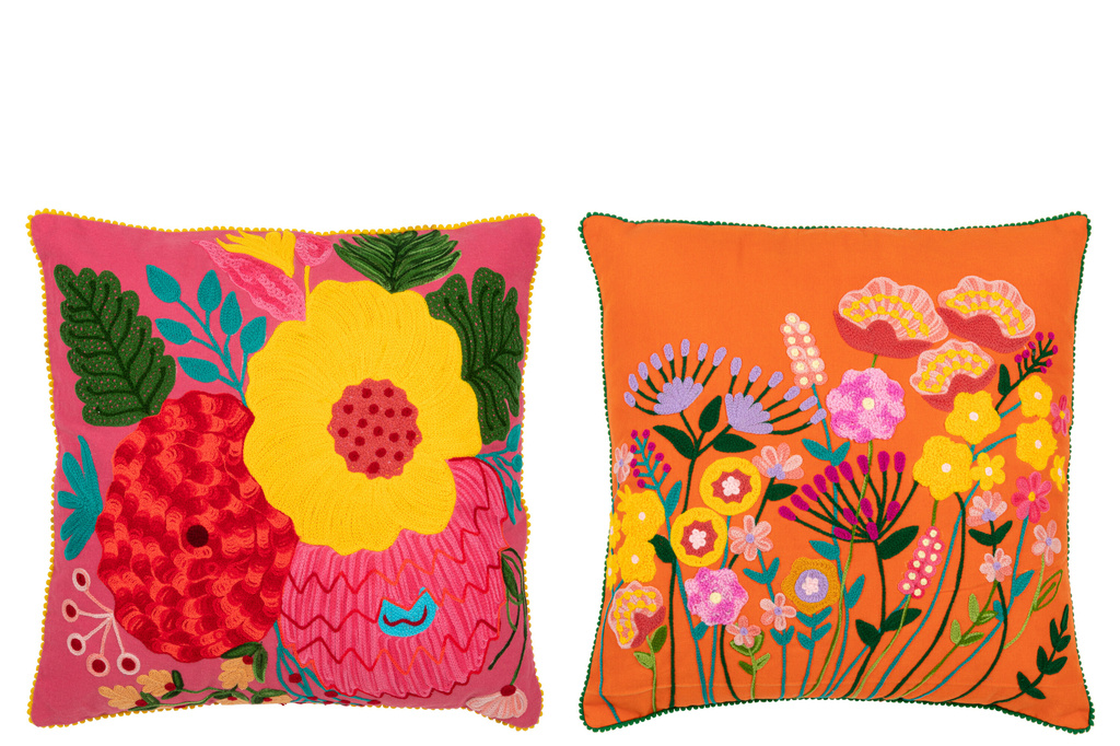 J-LINE KUSSEN BLOEMEN BORDUURSEL KATOEN/POLYESTER ORANJE/ROZE – SET VAN 2 STUKS