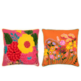 J-LINE KUSSEN BLOEMEN BORDUURSEL KATOEN/POLYESTER ORANJE/ROZE – SET VAN 2 STUKS