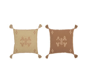 J-LINE KUSSEN ETHNIC PRINT + KWASTJES – KATOEN/POLYESTER – ZAND/BRUIN – SET VAN 2 – 45 CM